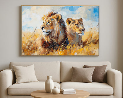 African animal wall decor with a lion pair, layered golden grasses, and painterly neutral blue sky