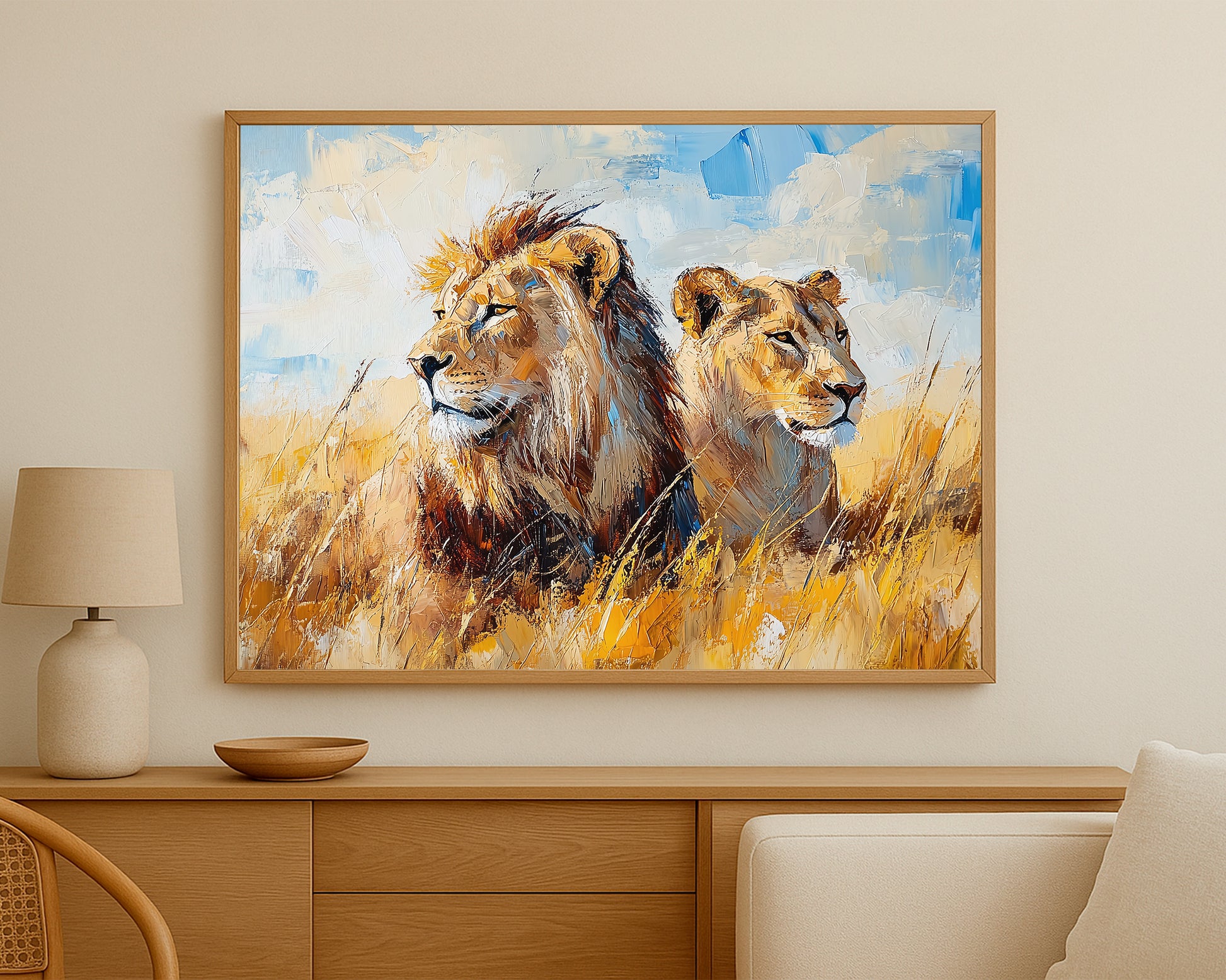 Nature-inspired lion artwork with warm ochre tones, textured detail, and a serene wildlife composition