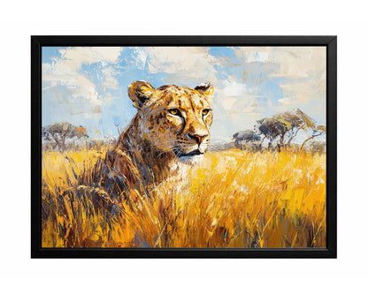 Lioness savanna wall art with a lioness standing in tall golden grass beneath a soft blue sky