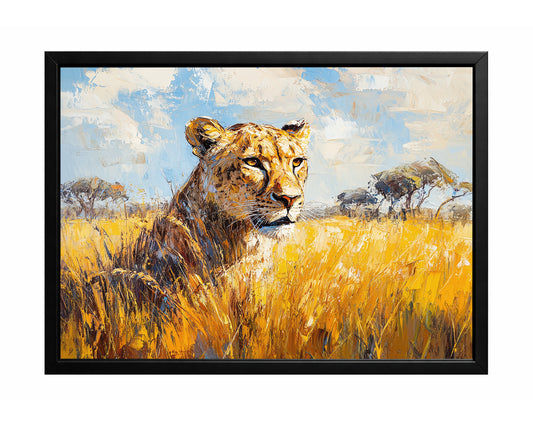 Lioness savanna wall art with a lioness standing in tall golden grass beneath a soft blue sky