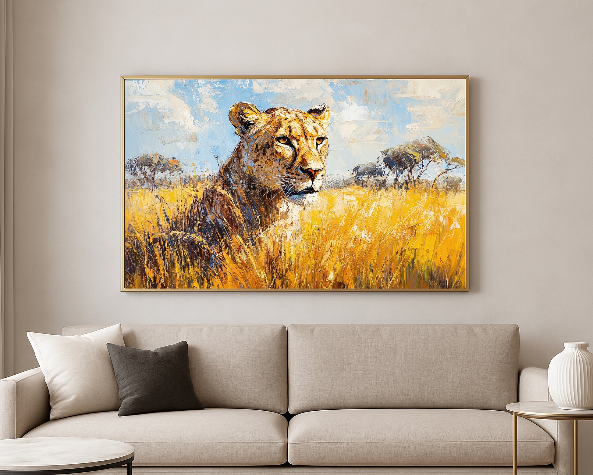Textured wildlife artwork featuring a lioness in a warm African grassland scene with distant acacia trees