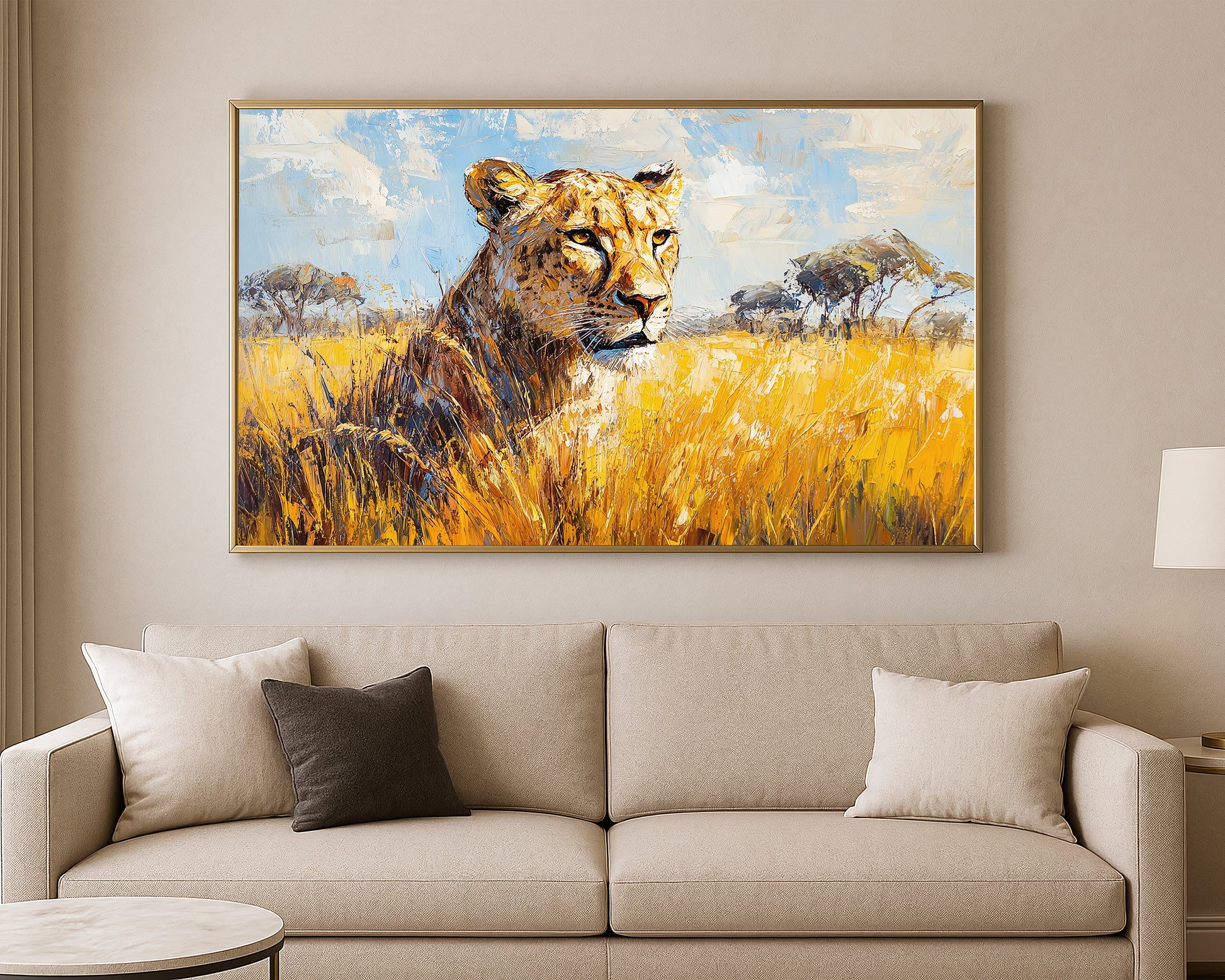 Safari wall art print showing a lioness in golden savanna grass with expressive painterly brushwork