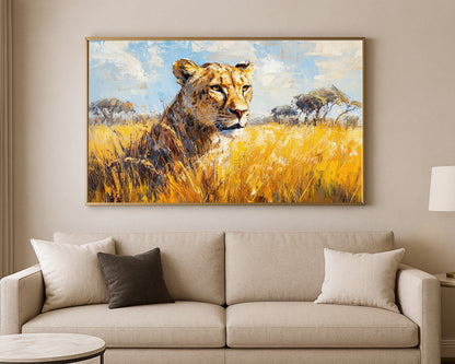 Safari wall art print showing a lioness in golden savanna grass with expressive painterly brushwork