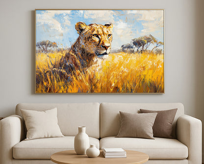 African animal wall decor with a lioness, layered ochre grasses, and a pale blue textured sky
