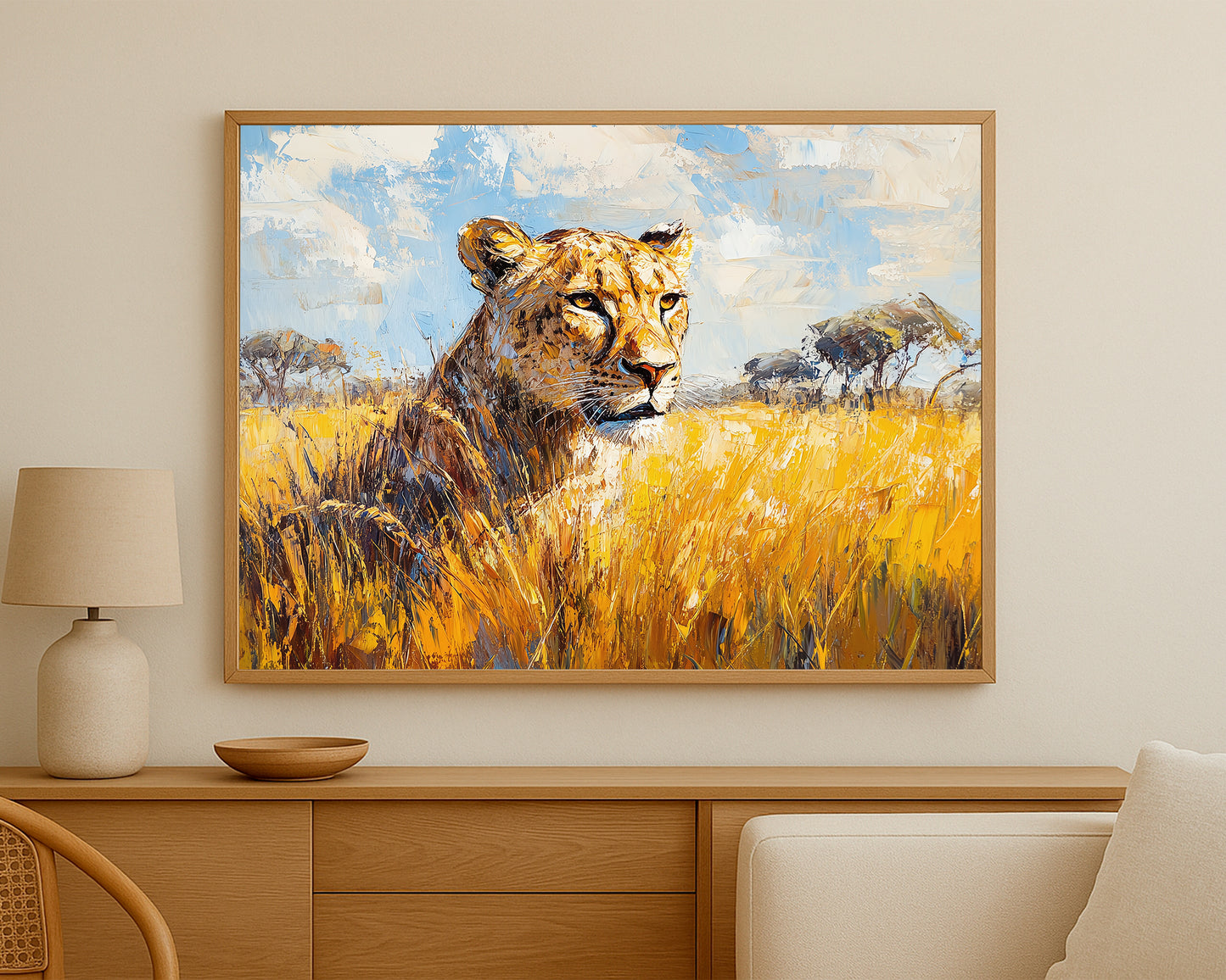 Nature-inspired lioness artwork with warm golden tones, textured detail, and a calm safari landscape