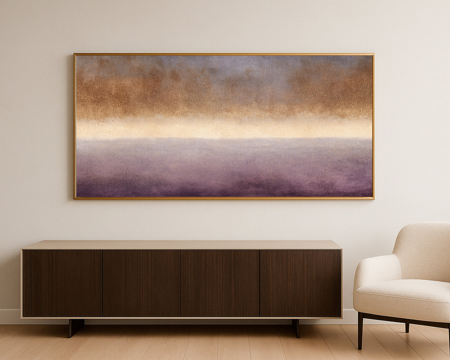 Panoramic abstract print with warm gold shimmer, misty cream center, and textured plum-gray background.