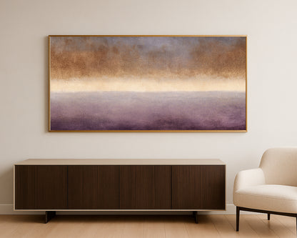 Panoramic abstract print with warm gold shimmer, misty cream center, and textured plum-gray background.