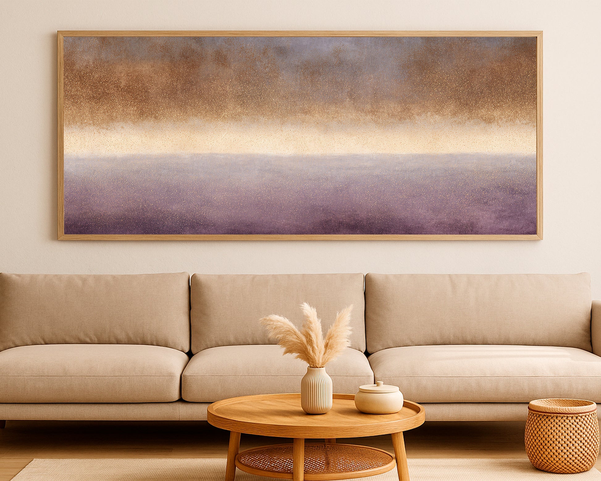 Refined abstract wall art with layered taupe, gray, brown, plum, and gold horizontal fields.
