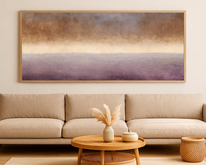 Refined abstract wall art with layered taupe, gray, brown, plum, and gold horizontal fields.