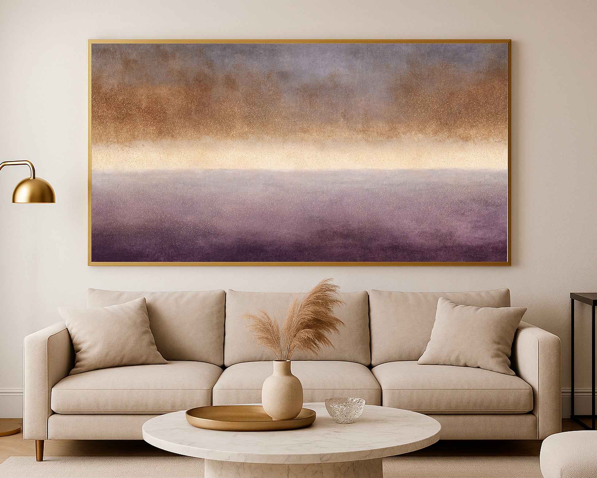 Moody panoramic abstract artwork with soft horizon-like bands and luminous gold speckled detail.