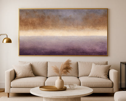 Moody panoramic abstract artwork with soft horizon-like bands and luminous gold speckled detail.