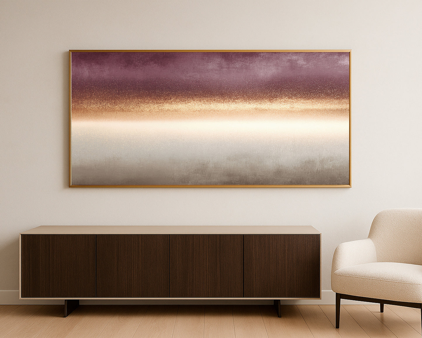 Wide warm abstract artwork with misty cream tones, gold speckled detail, and moody burgundy upper layer.
