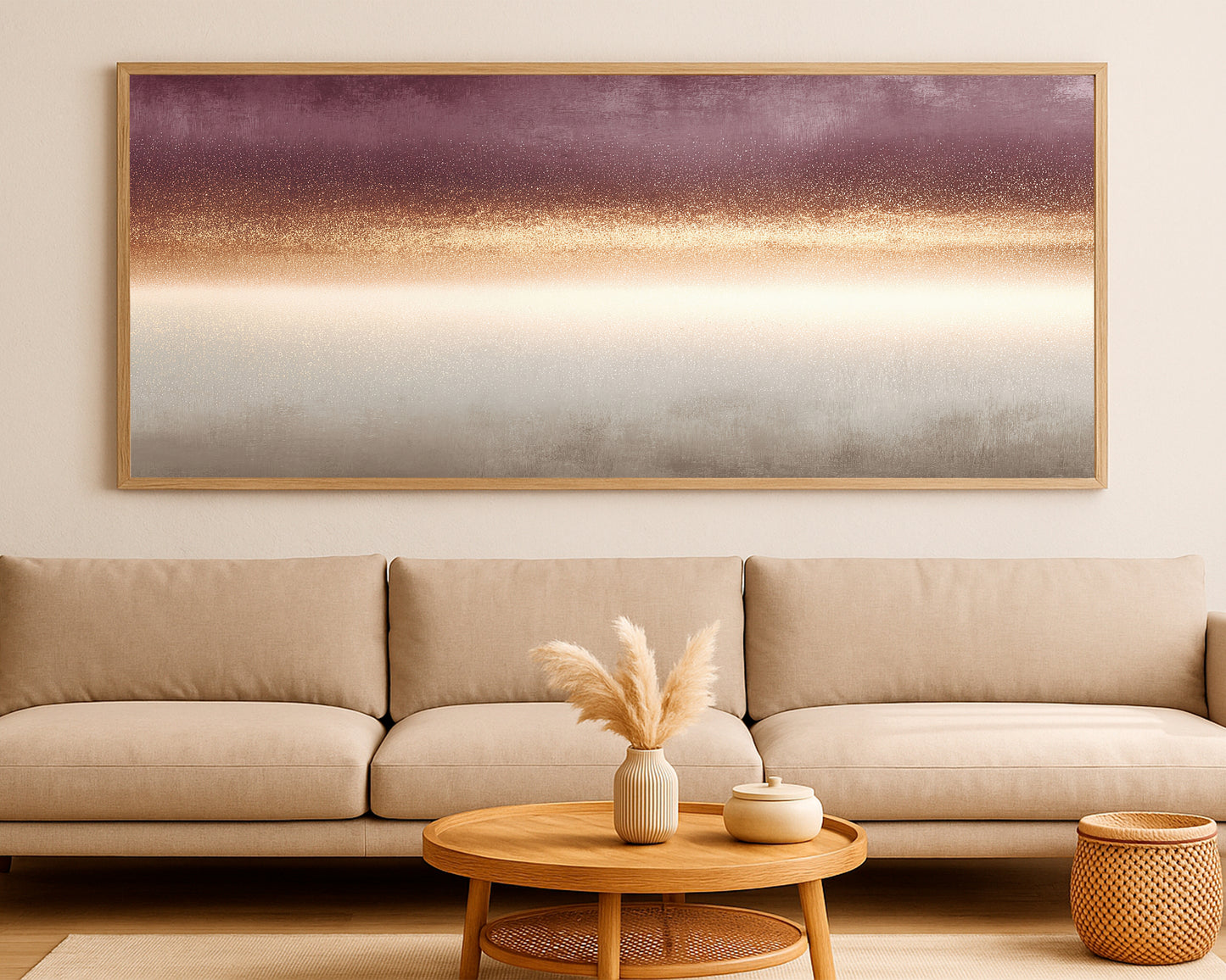 Textured horizon-style wall art with taupe, brown, cream, burgundy, and metallic-style gold accents.