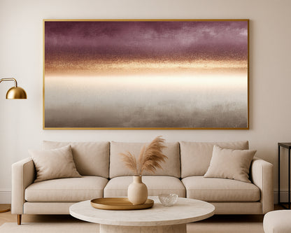 Modern panoramic abstract artwork with warm neutral bands and soft atmospheric gold texture.