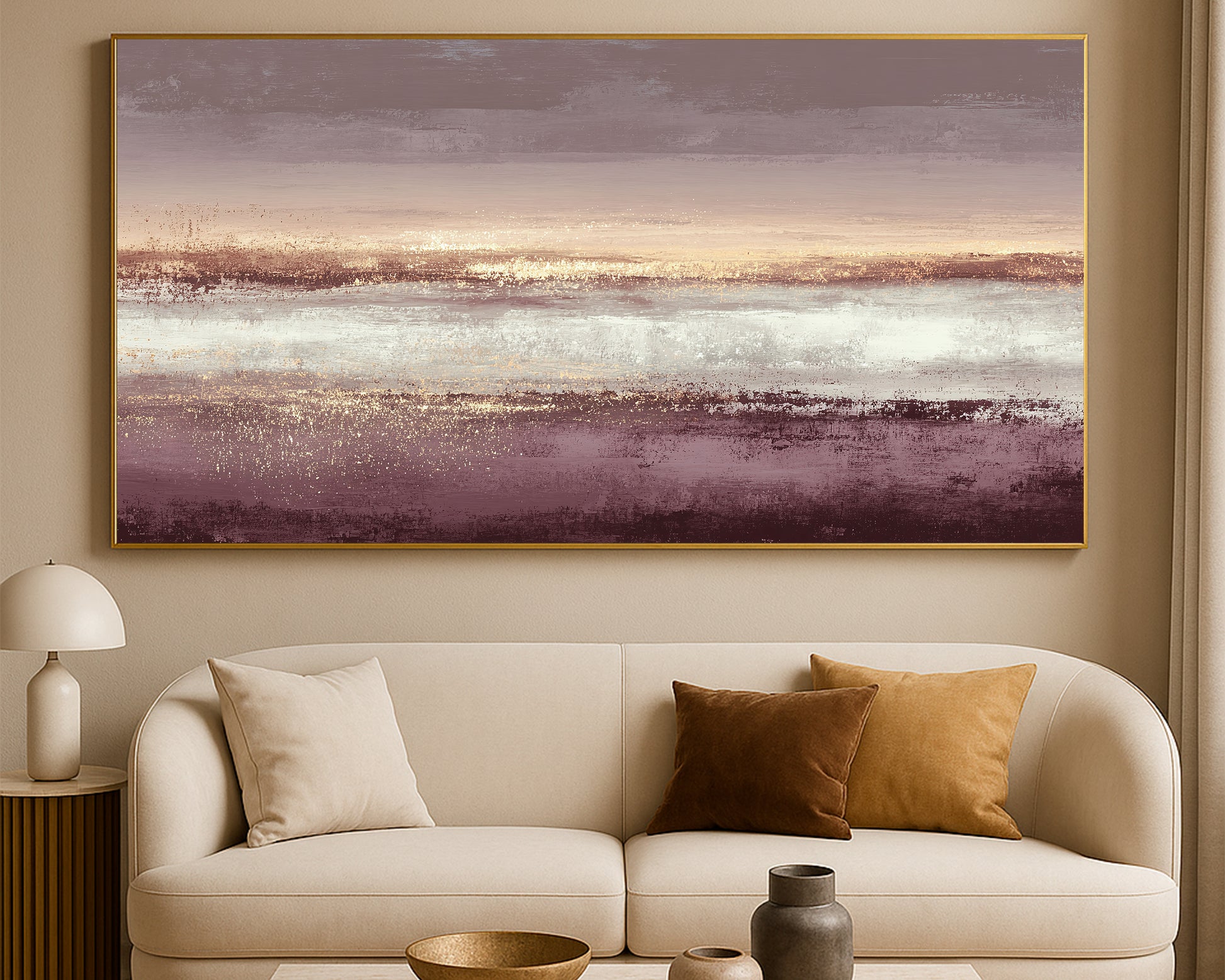 Wide abstract artwork featuring soft mauve bands, warm gold speckles, cream highlights, and taupe tones.