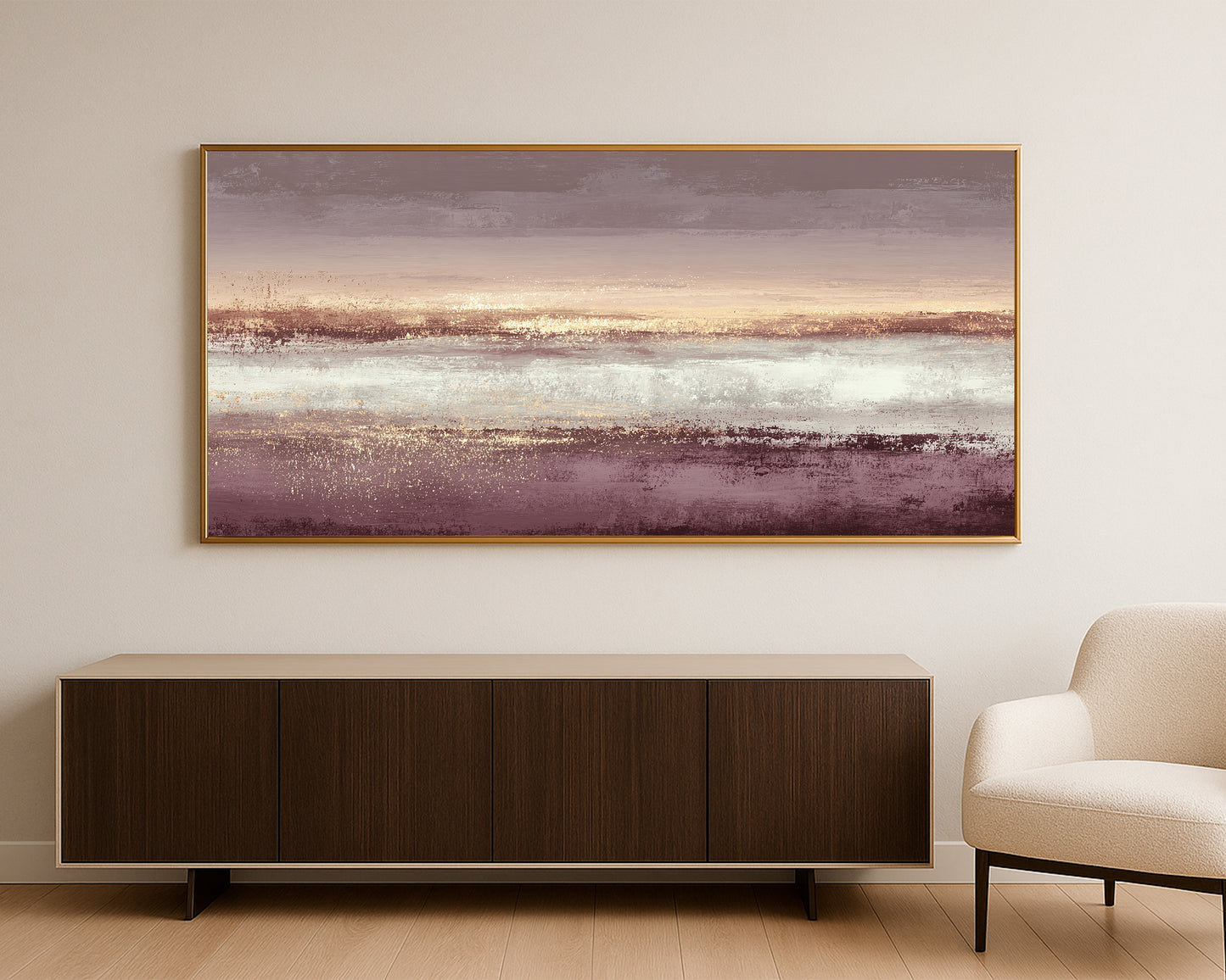 Panoramic mauve and gold abstract print with layered texture and elegant horizontal movement.