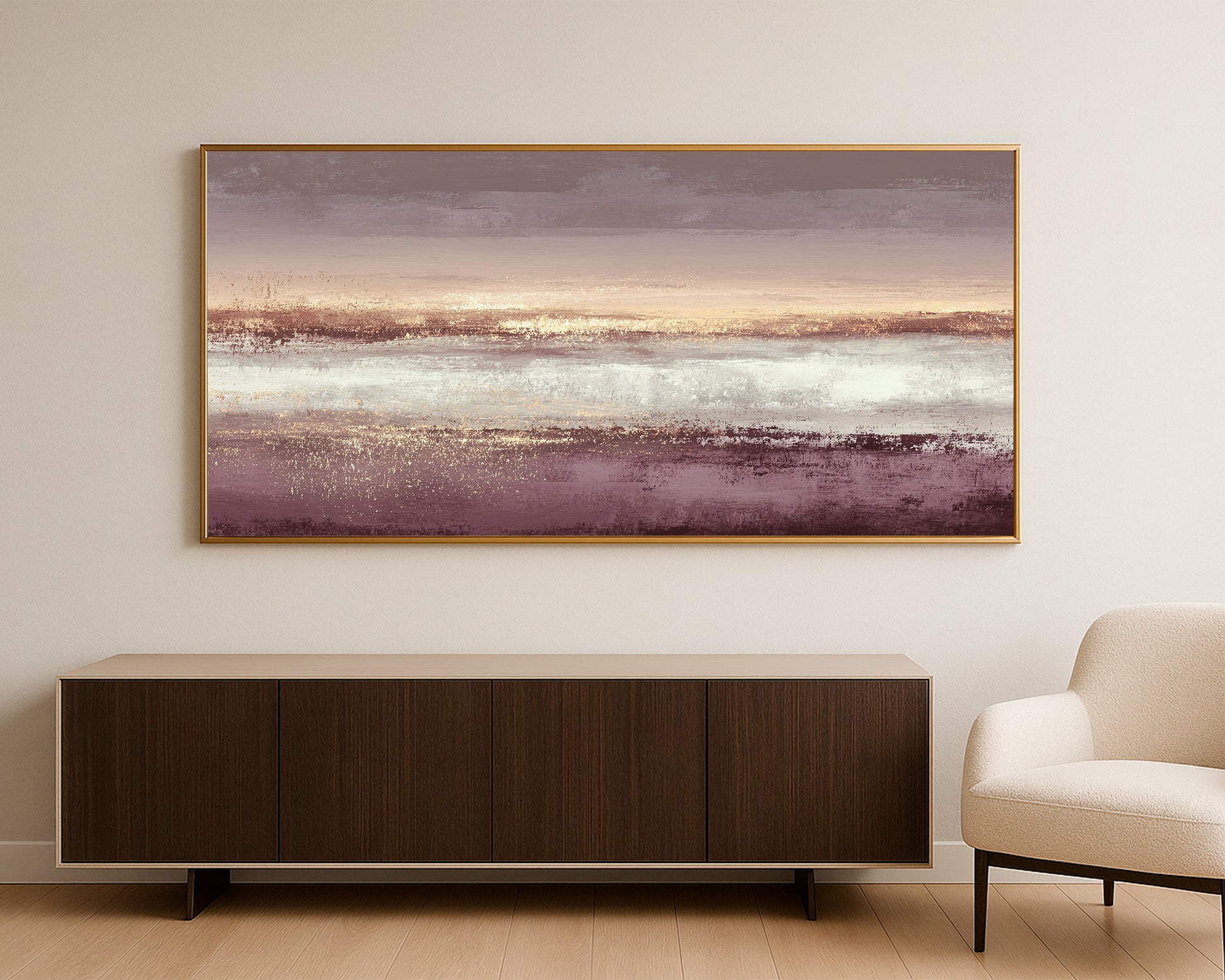 Panoramic mauve and gold abstract print with layered texture and elegant horizontal movement.