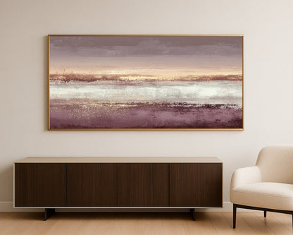 Panoramic mauve and gold abstract print with layered texture and elegant horizontal movement.