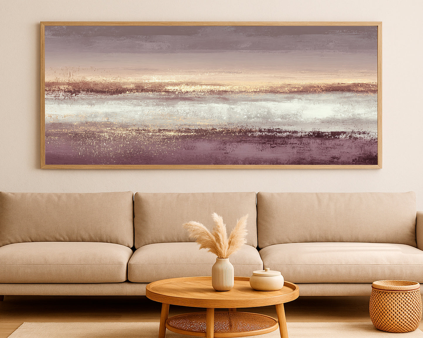 Refined abstract wall art with blush, taupe, cream, and gold details in a wide modern composition.