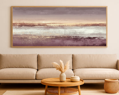 Refined abstract wall art with blush, taupe, cream, and gold details in a wide modern composition.