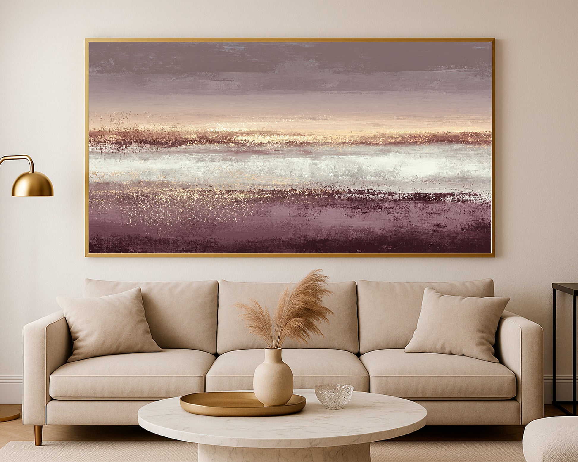 Soft mauve panoramic abstract artwork with luminous gold accents and textured horizontal color fields.