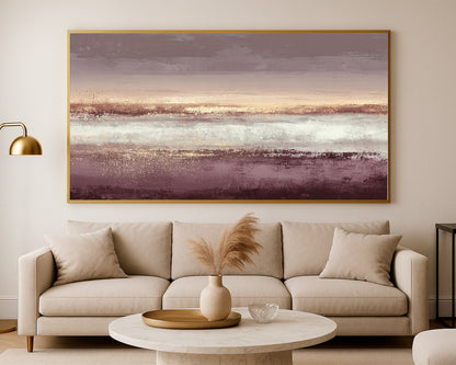 Soft mauve panoramic abstract artwork with luminous gold accents and textured horizontal color fields.