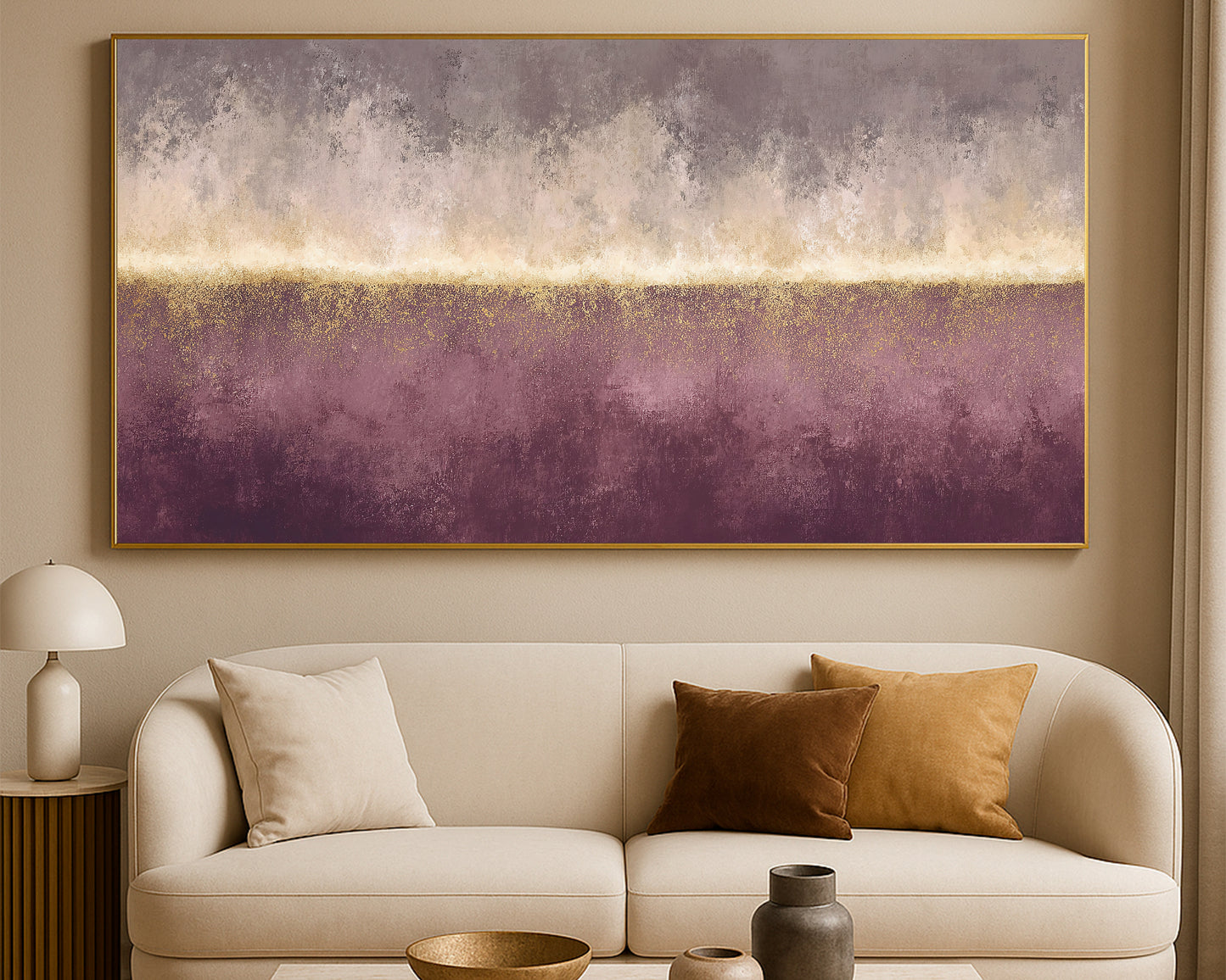 Wide abstract artwork featuring a glowing gold center band, muted plum base, and soft neutral upper layers.
