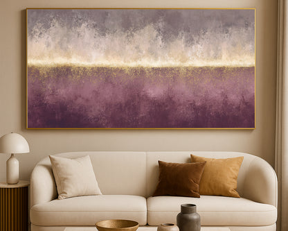 Wide abstract artwork featuring a glowing gold center band, muted plum base, and soft neutral upper layers.