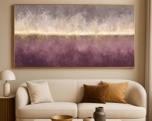 Wide abstract artwork featuring a glowing gold center band, muted plum base, and soft neutral upper layers.