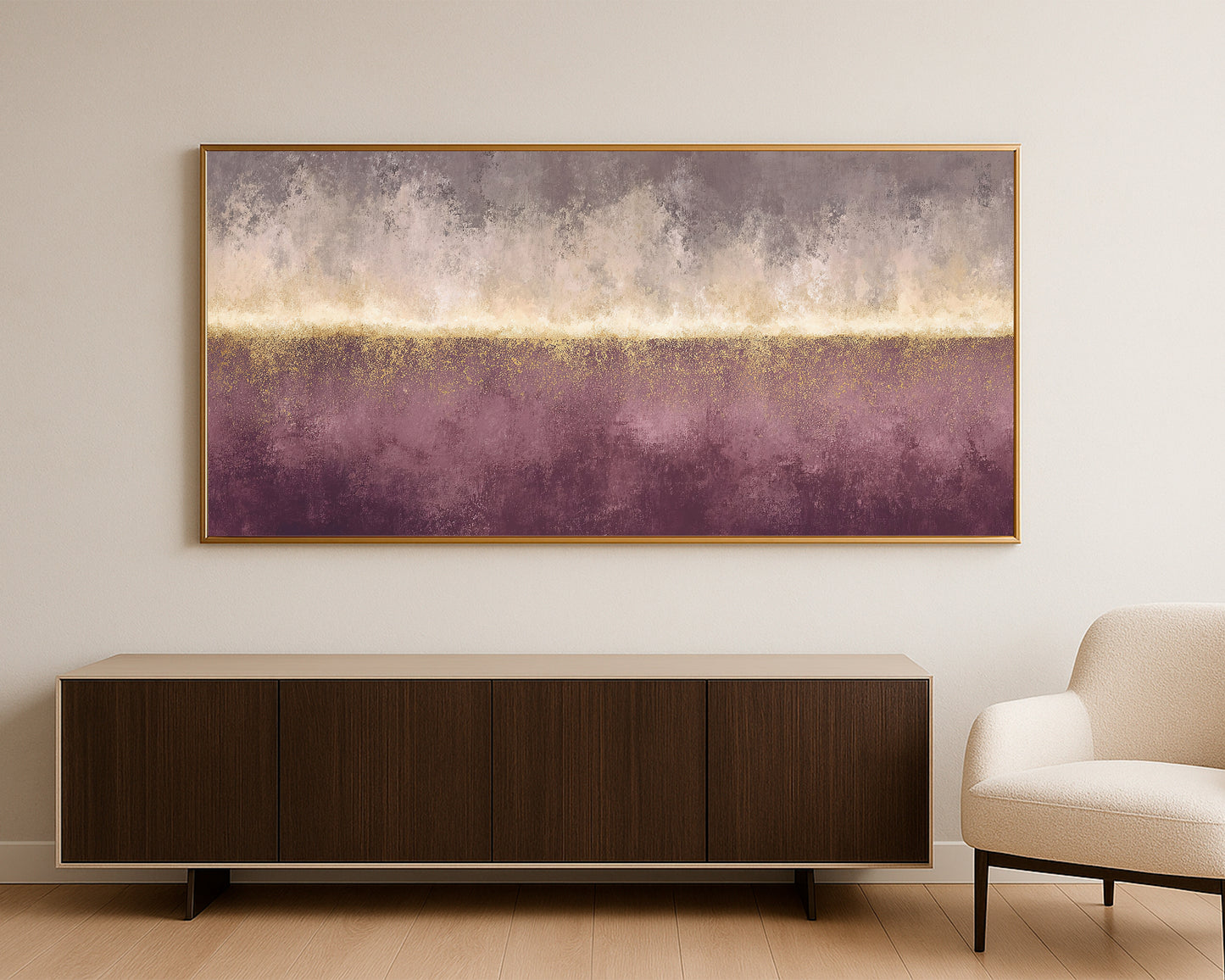 Panoramic abstract print with weathered taupe texture, cream horizon, and gold speckled detail.