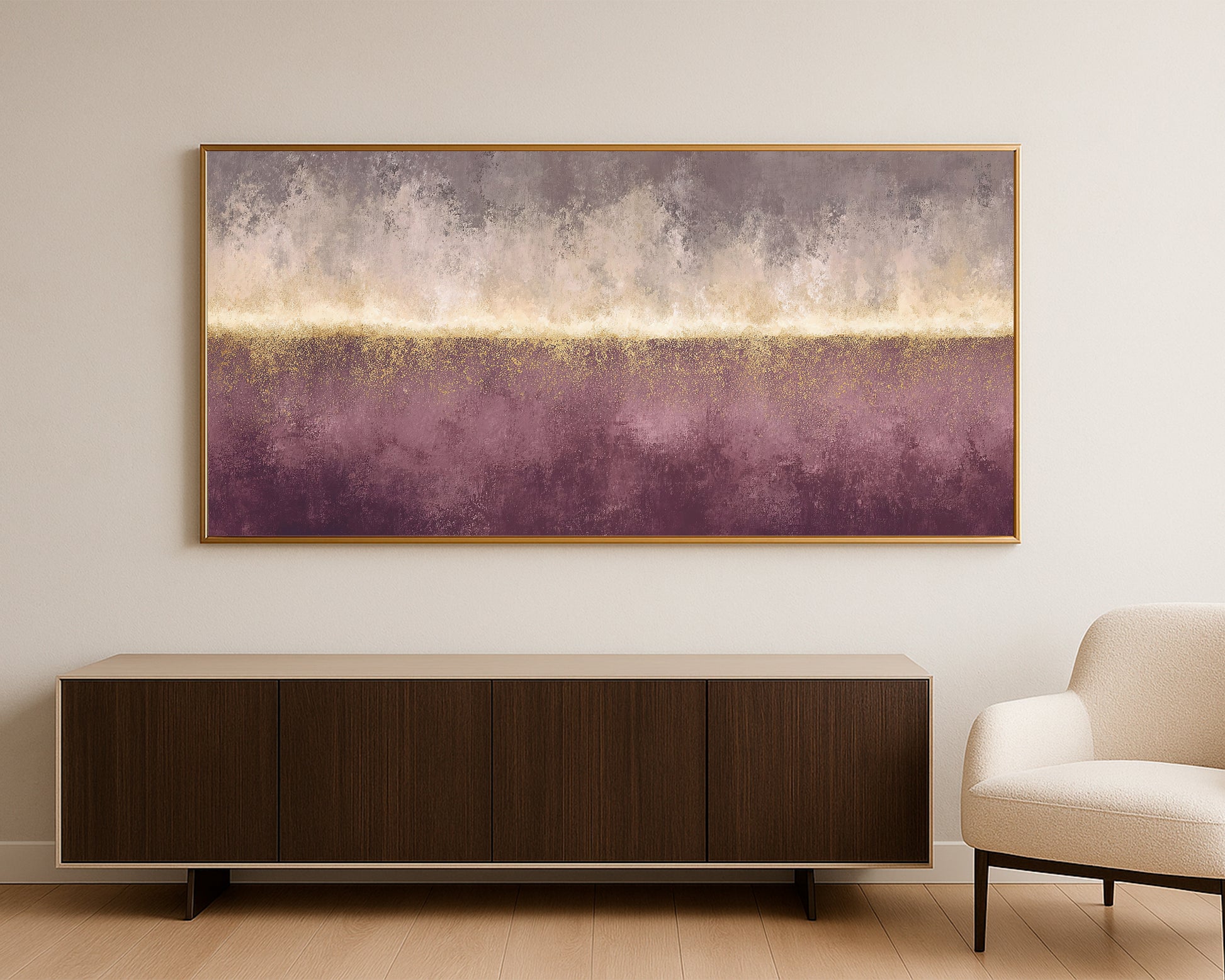 Panoramic abstract print with weathered taupe texture, cream horizon, and gold speckled detail.
