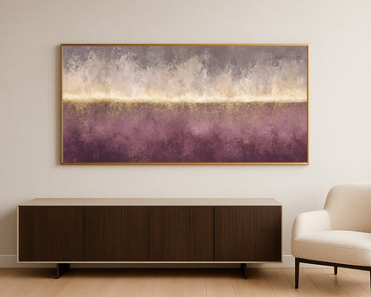 Panoramic abstract print with weathered taupe texture, cream horizon, and gold speckled detail.