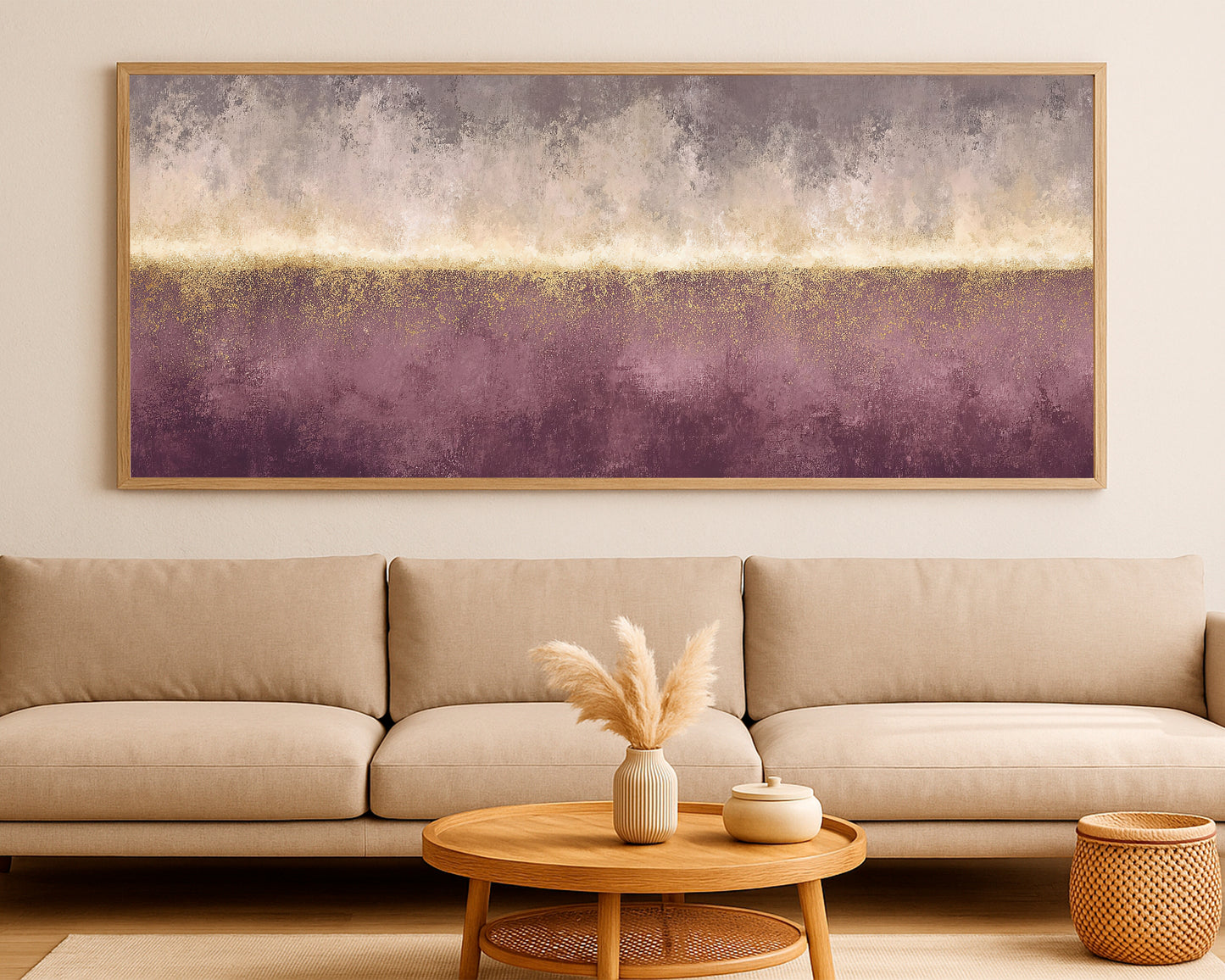 Modern horizon-style wall art with plum, gray, taupe, cream, and gold horizontal layers.