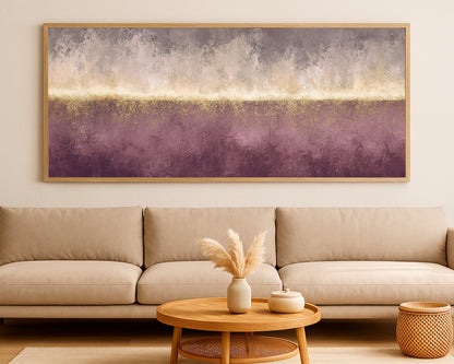 Modern horizon-style wall art with plum, gray, taupe, cream, and gold horizontal layers.