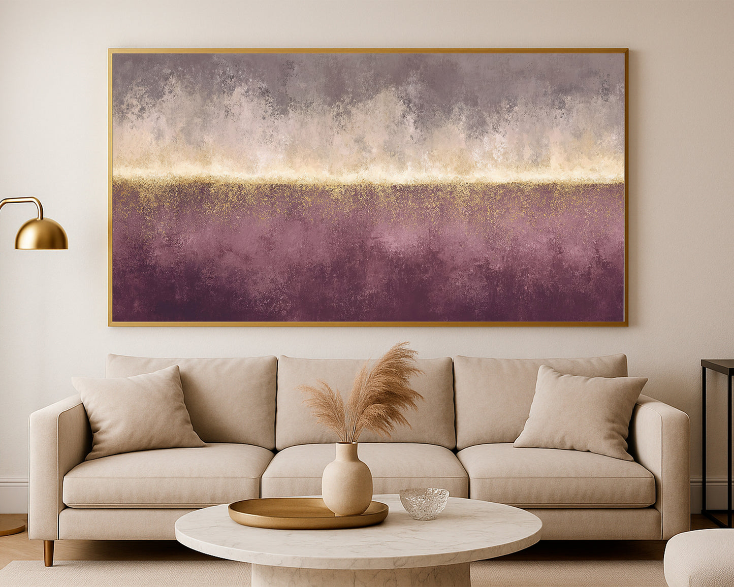 Calm panoramic abstract artwork with soft neutral bands and luminous gold texture across the center.