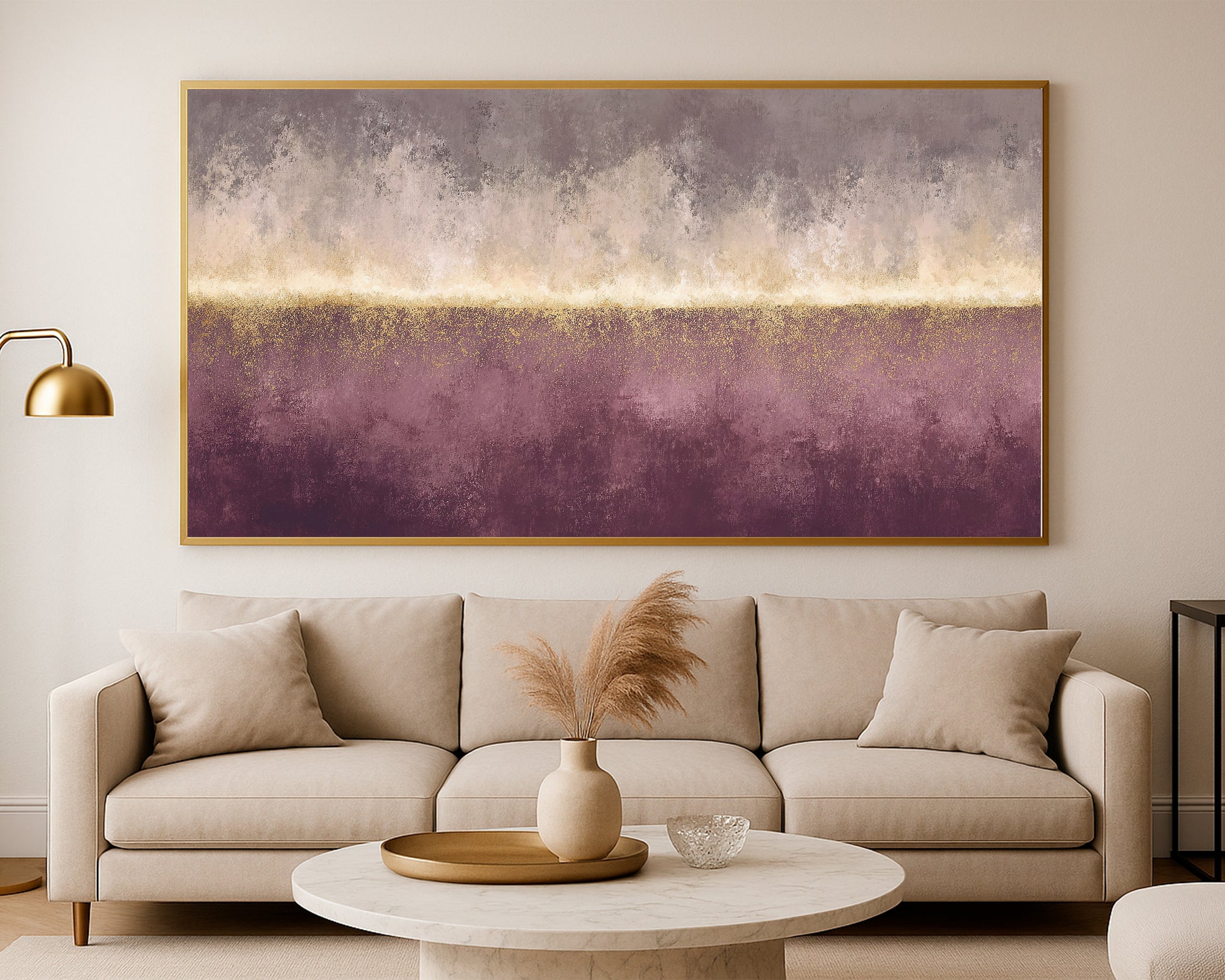 Calm panoramic abstract artwork with soft neutral bands and luminous gold texture across the center.