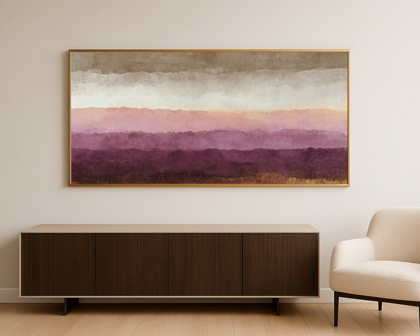 Panoramic abstract print with earthy brown base, blush horizon, cream sky, and subtle gold accents.