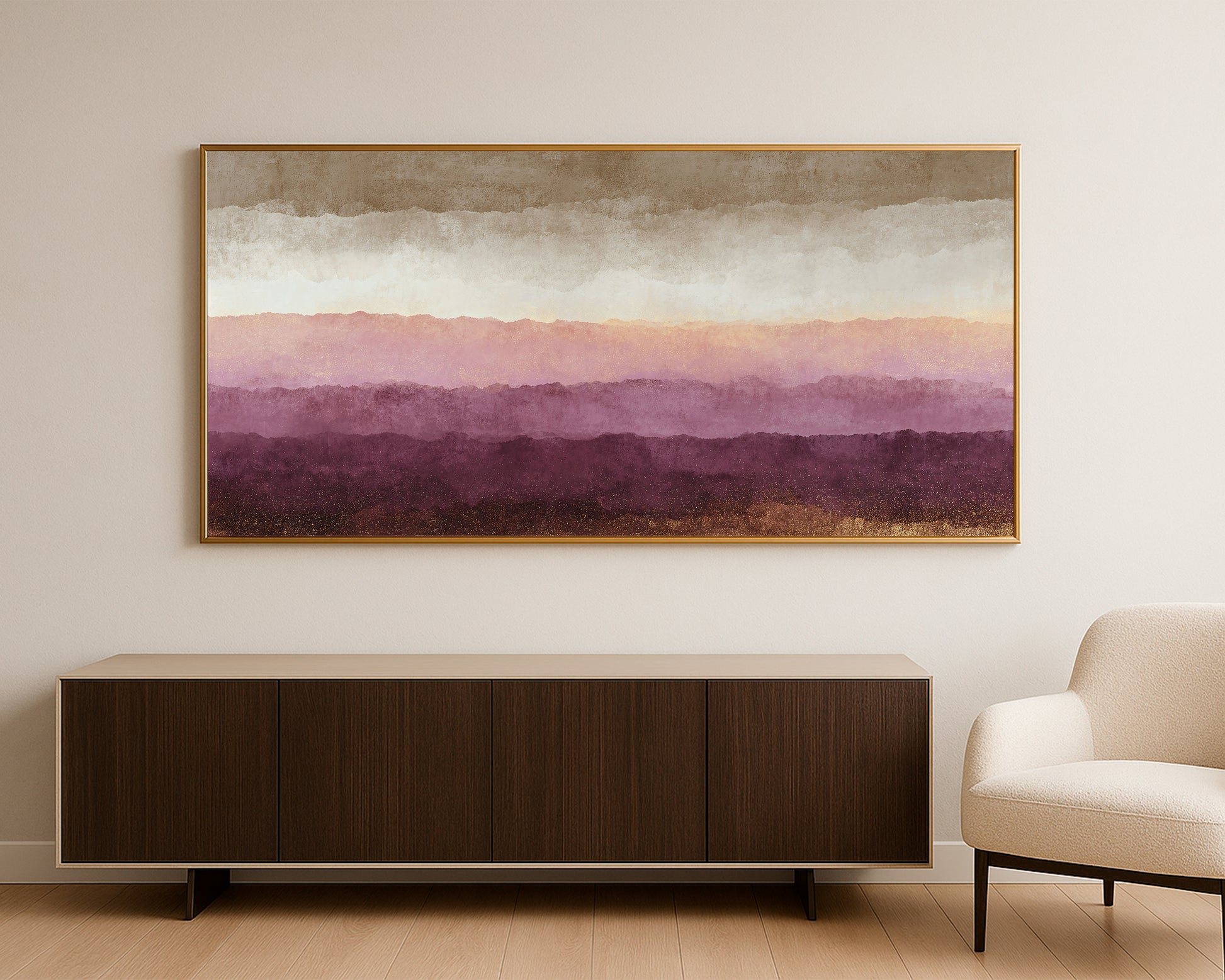Panoramic abstract print with earthy brown base, blush horizon, cream sky, and subtle gold accents.