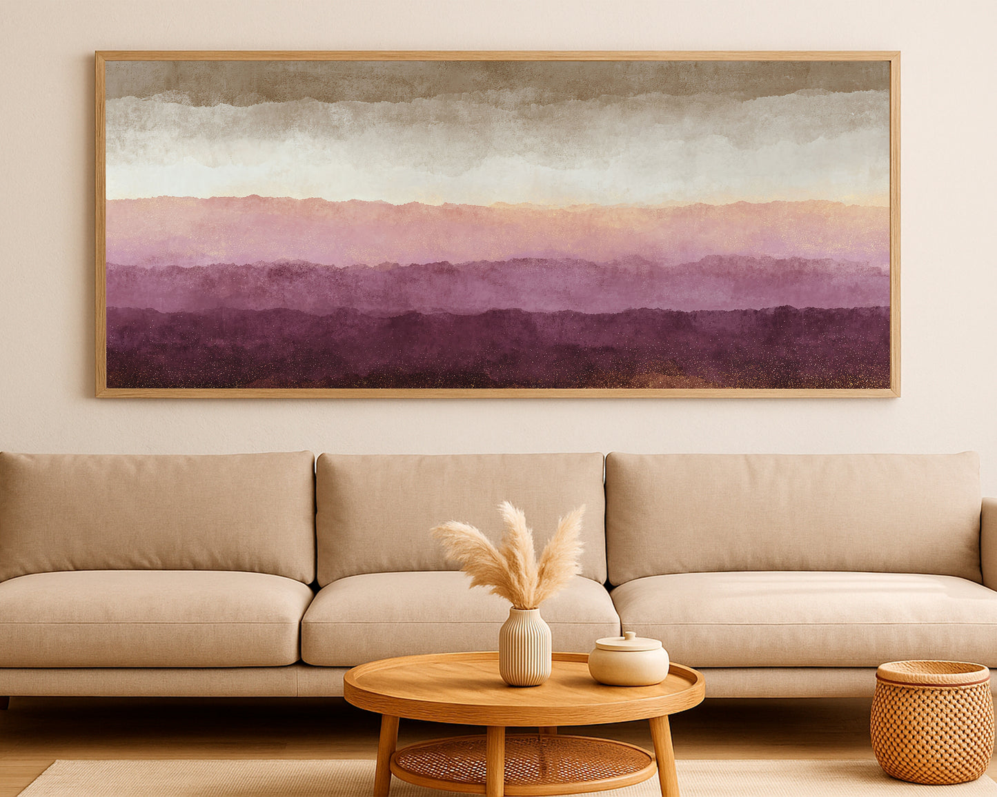 Refined mountain-inspired abstract wall art with warm neutral layers and textured plum-gold details.