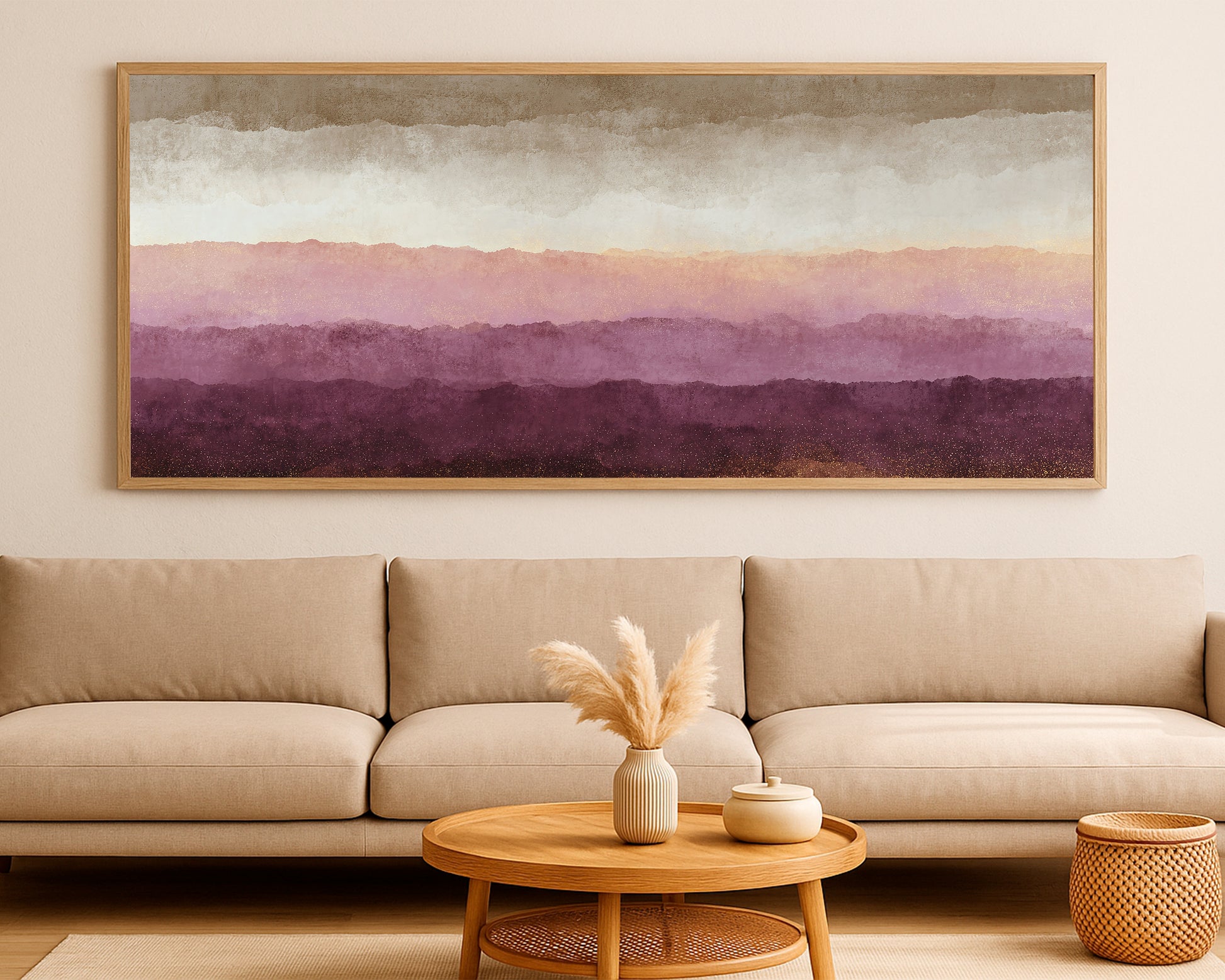 Refined mountain-inspired abstract wall art with warm neutral layers and textured plum-gold details.