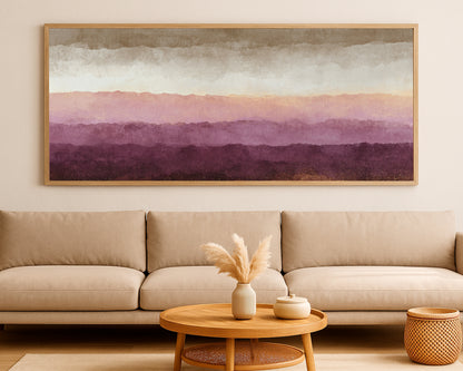 Refined mountain-inspired abstract wall art with warm neutral layers and textured plum-gold details.