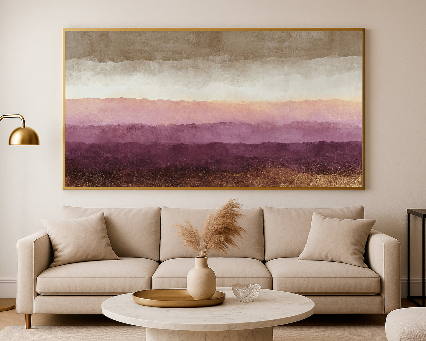 Earthy panoramic abstract artwork with layered landscape shapes, mauve tones, and soft metallic-style highlights.