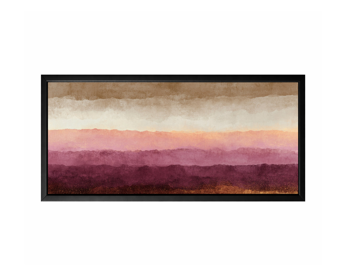 Plum mountain abstract panoramic wall art with layered blush, taupe, cream, brown, and gold tones.
