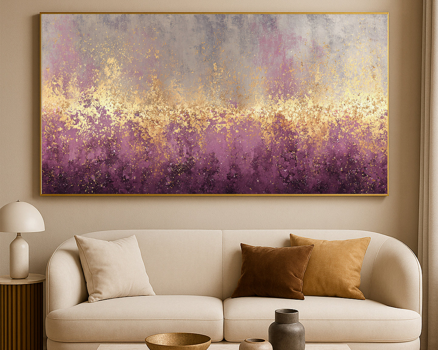 Wide abstract artwork featuring muted purple lower tones, gray upper layers, and scattered gold accents.