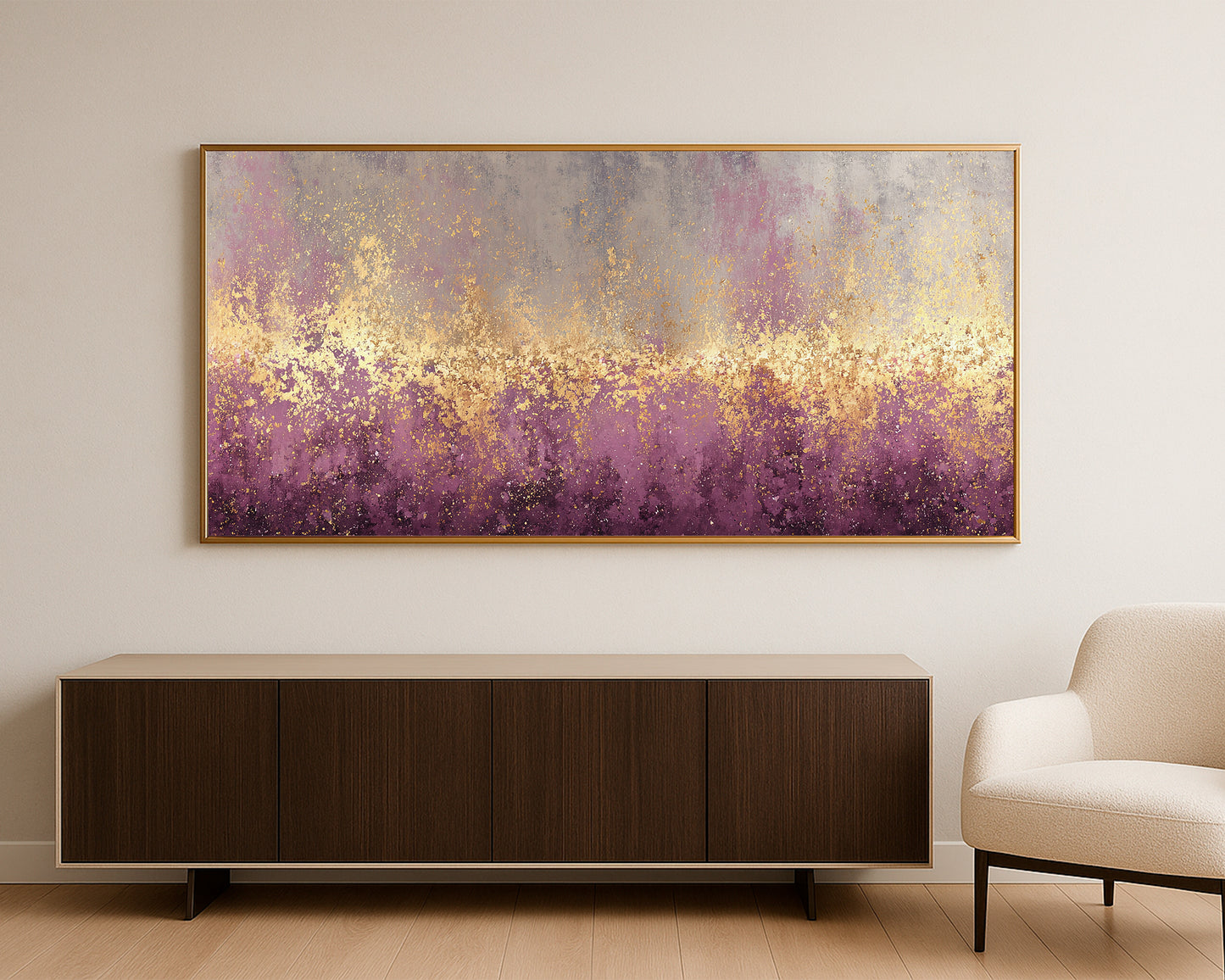 Panoramic abstract print with soft taupe, plum, gray, cream, and gold speckled details.
