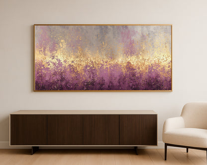Panoramic abstract print with soft taupe, plum, gray, cream, and gold speckled details.