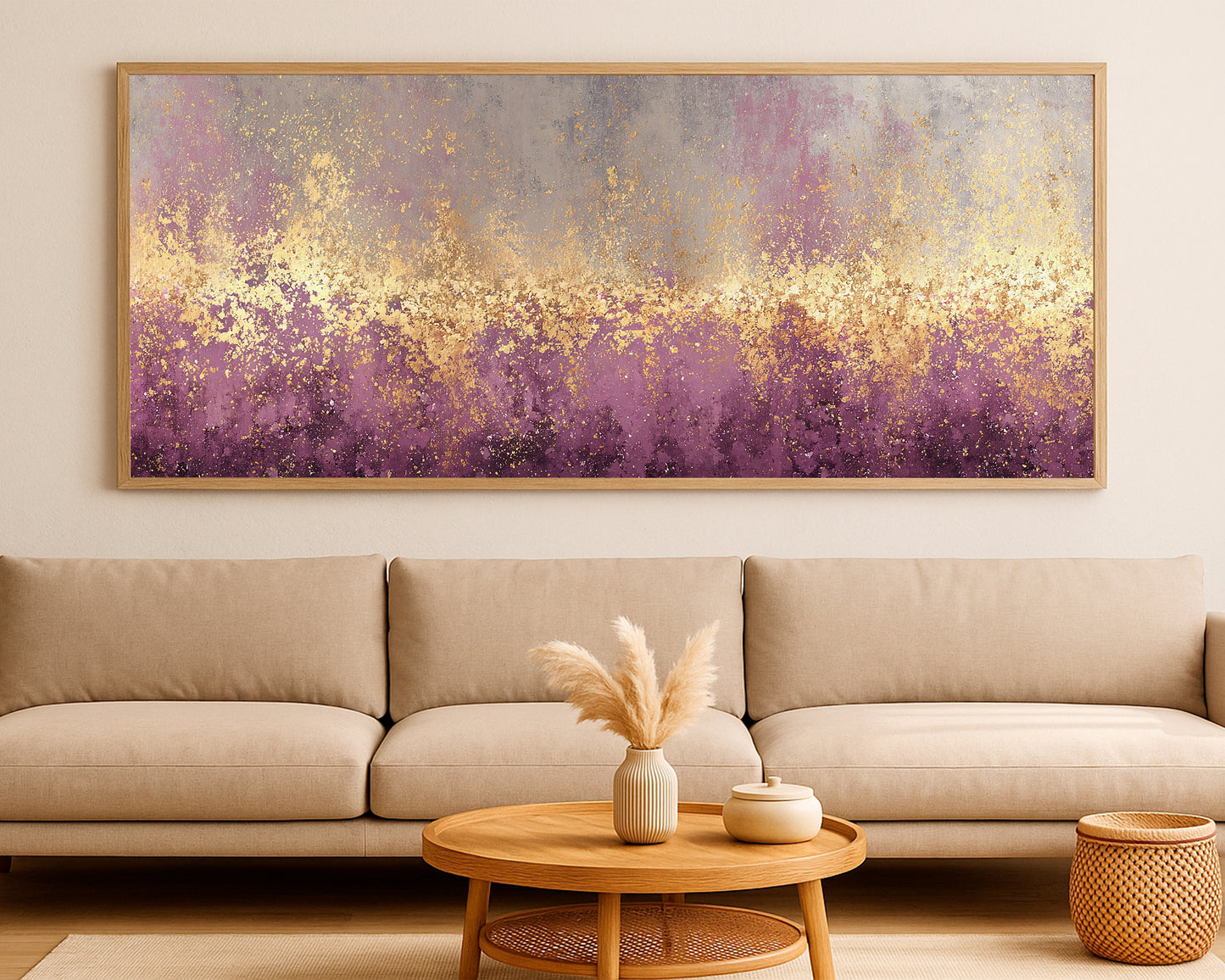 Refined abstract wall art with layered neutral texture, purple undertones, and a bright gold horizontal band.
