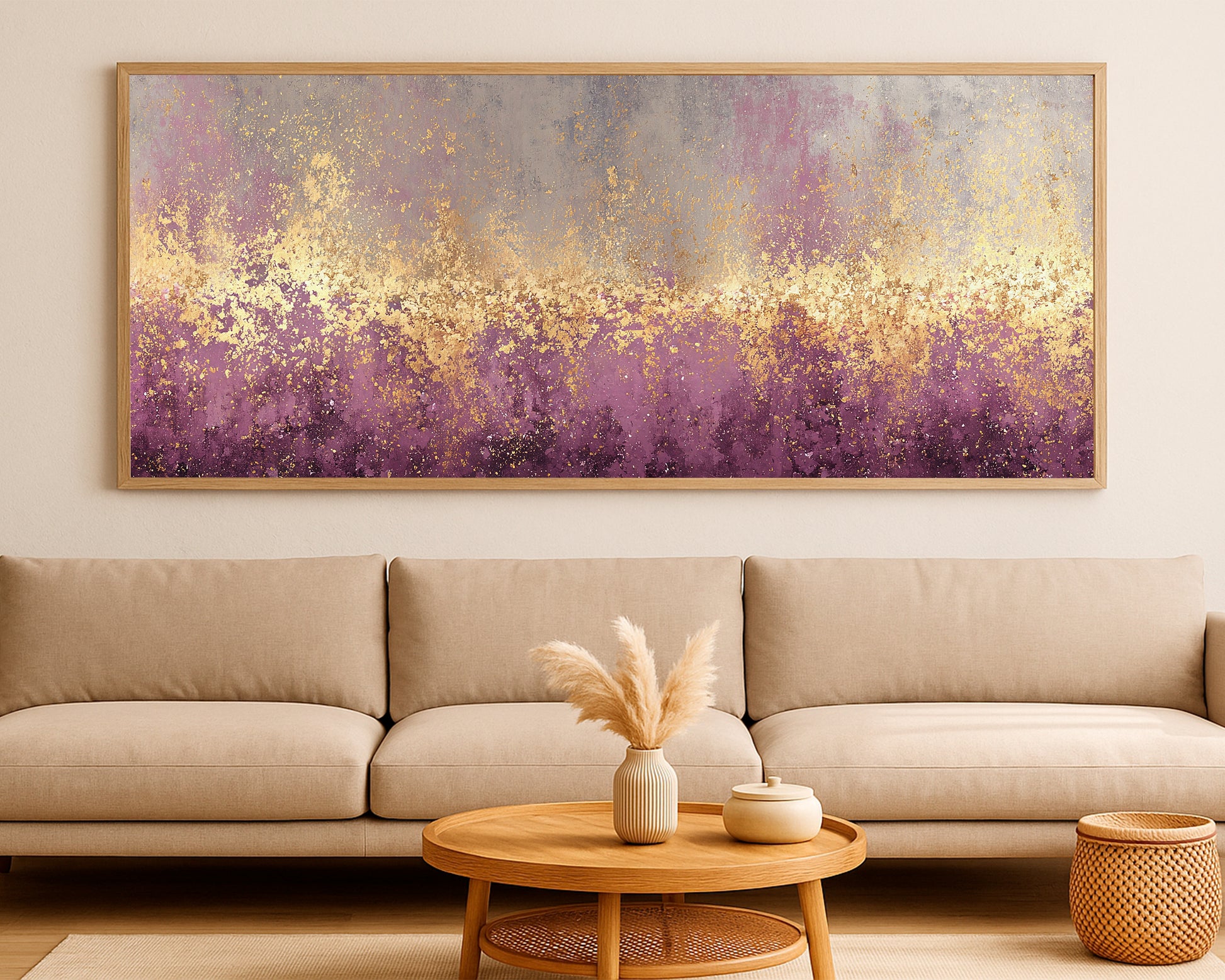 Refined abstract wall art with layered neutral texture, purple undertones, and a bright gold horizontal band.