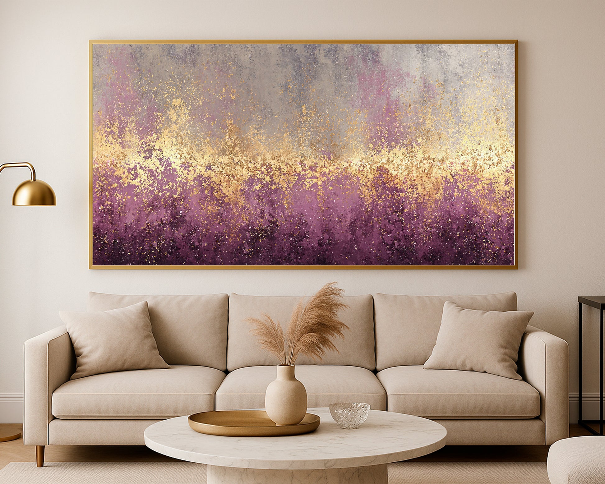 Modern panoramic abstract artwork with gray, taupe, plum, cream, and gold atmospheric texture.