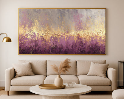 Modern panoramic abstract artwork with gray, taupe, plum, cream, and gold atmospheric texture.